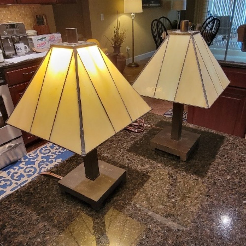 Vintage Bronze Structure Foux Nacar Shade on Glass Table Lamp, 1980s